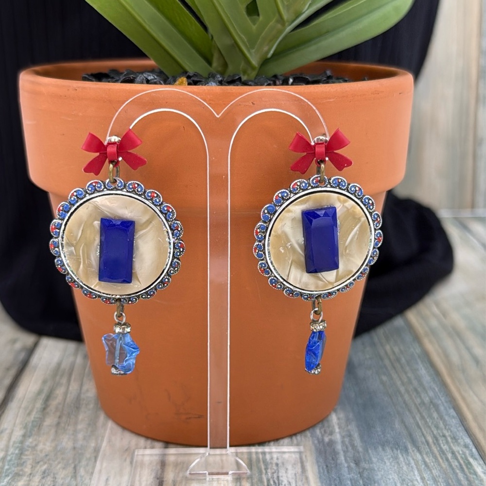 ⭐️Adorned Crown Jewelry assemblage red bow mop blue cobalt star drop earrings